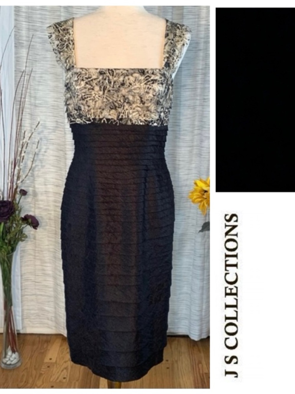 JS Collection shimmering black floral sleeveless sheath party dress.